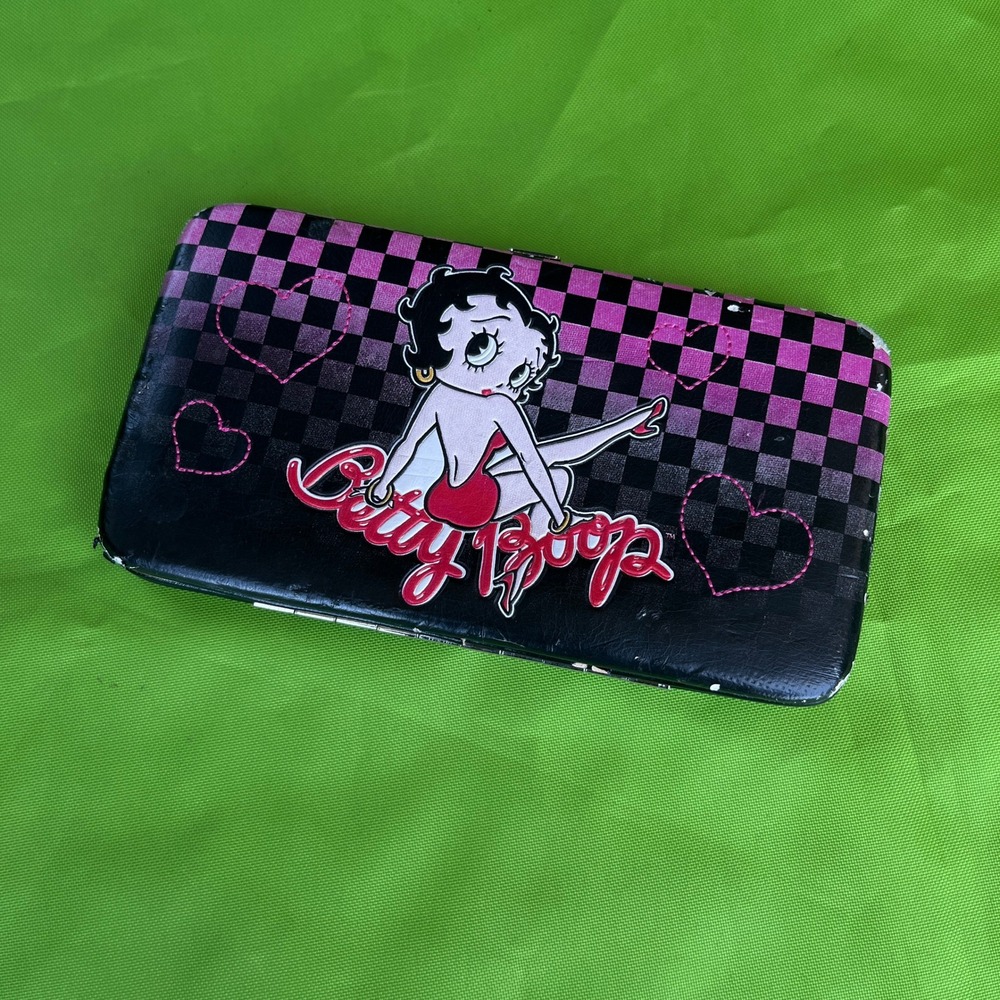 Betty Boop Vintage Hinged Wallet Pink Black Checkered Hearts Long Clutch Purse